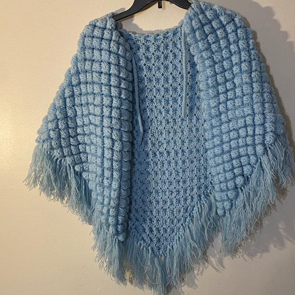 Sweaters - Cozy Light Blue Chunked Knit Fringe Poncho